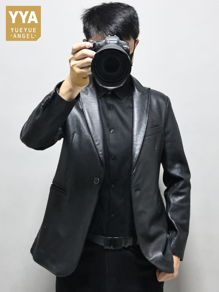 Leather Work Jacket Mens - เสื้อเบลเซอร์หนังแท้ทรงเข้ารูป สีพื้น สำหรับผู้ชาย ทำงานออฟฟิศ สไตล์ลำลองธุรกิจ กระดุมเดี่ยว