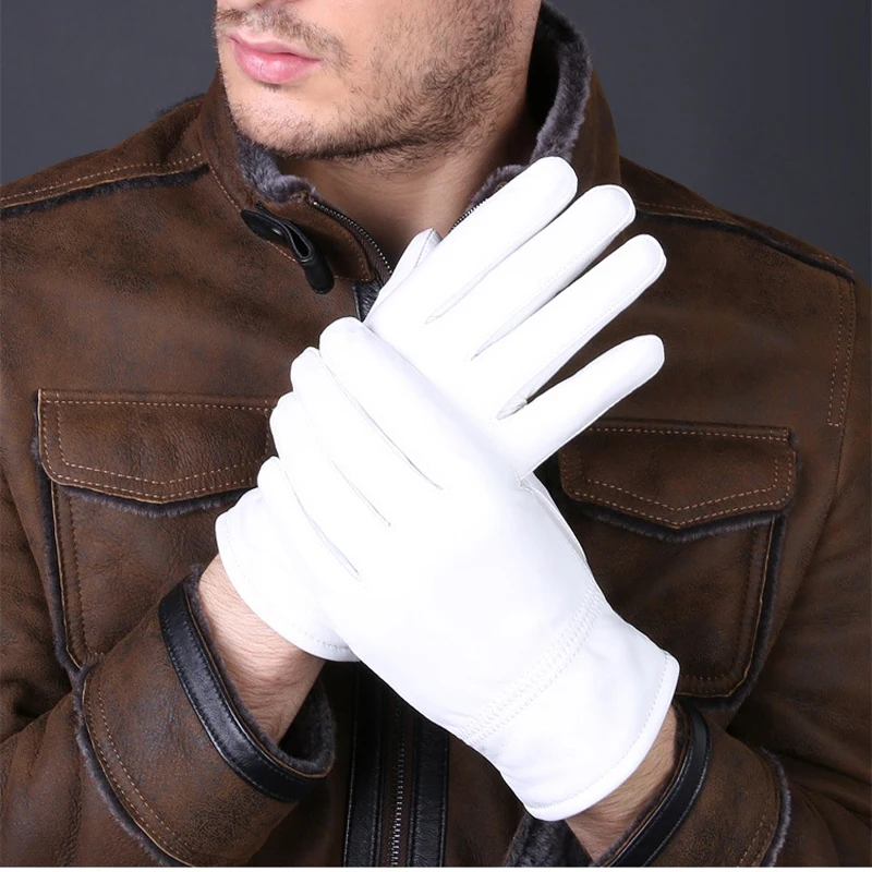 Leather Work Winter Gloves - 2025 ฤดูหนาวของแท้หนังสีขาวถุงมือสําหรับผู้ชายผู้หญิงอุ่นข้อมือ Lambskin ถุงมือขับรถ