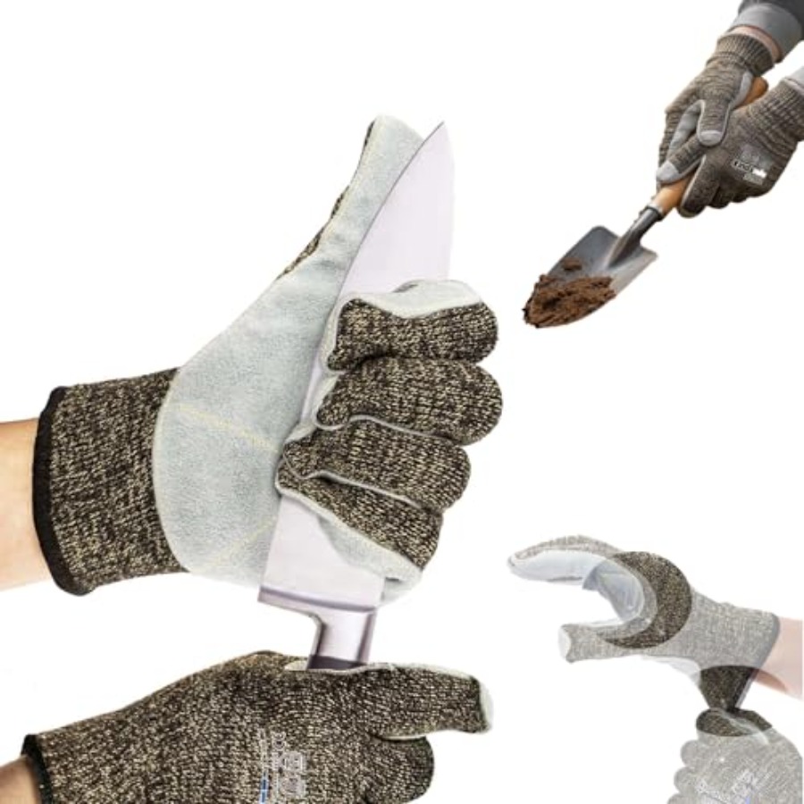 Leatherworking Leveling - ถุงมือทำสวน: ป้องกันการบาดระดับ 5, เย็บด้วยเส้นใยอะรามิด, หนังวัวแยกชั้น, สีดำ,