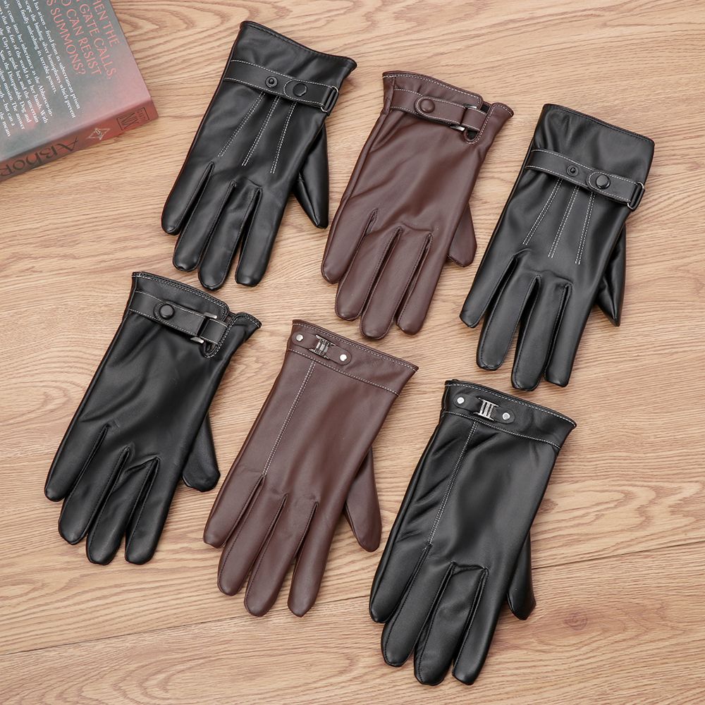Leather Work Winter Gloves - ถุงมือหนังขนแกะกันหนาวสำหรับผู้ชาย, ถุงมือกันลมหน้าจอสัมผัสกันน้ำถุงมือขับรถถุงมือแบบเต็มนิ้วสีดำ