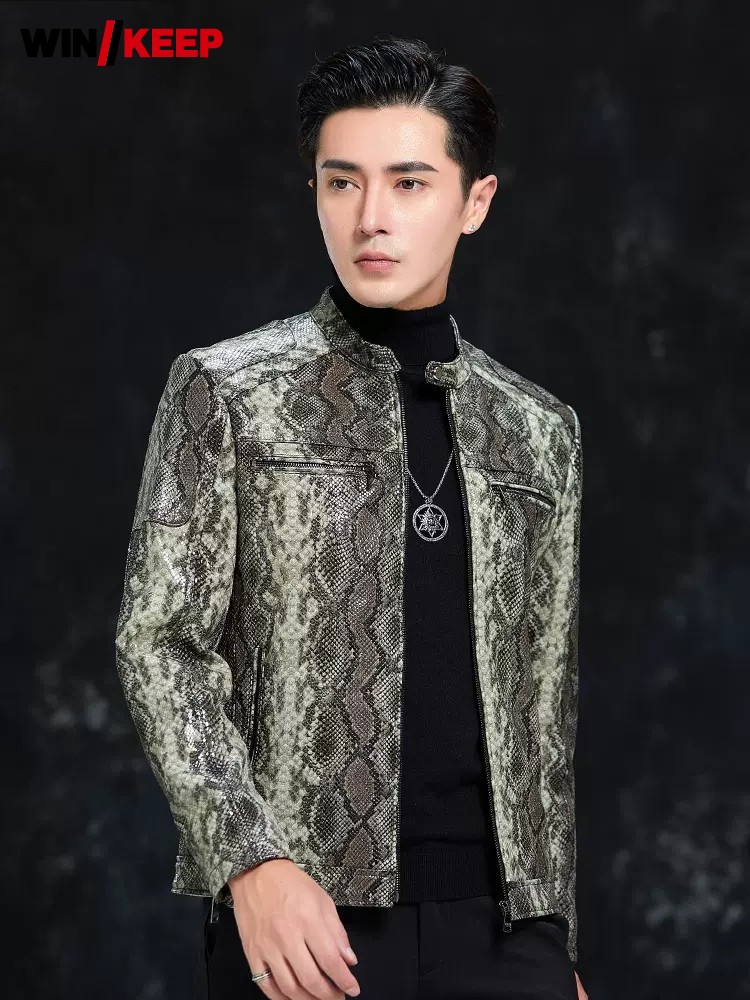 Leather Work Jacket Mens - เสื้อแจ็คเก็ตหนังแกะแท้ลายงูสำหรับผู้ชาย สไตล์สลิมฟิต คอตั้ง แนวโมโตไบค์เกอร์ เหมาะสำหรับใส่ทำงานหรือลำลอง ไซส์