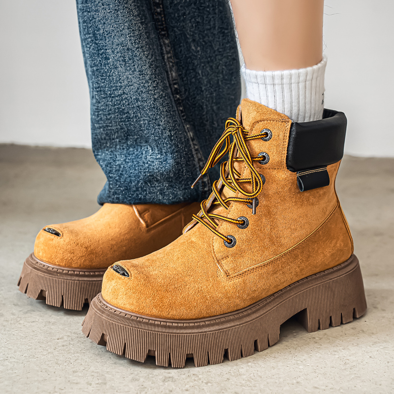 Leather Work Boots - รองเท้าบูทหุ้มข้อสูงแบบคลาสสิก รองเท้าบูทหนังลำลองสำหรับผู้ชาย รองเท้าบูททำงานแบบมีพื้นหนา รองเท้าบูทหัวกว้าง รองเท้าบูทขี่มอเตอร์ไซค์ รองเท้าผ้าใบ