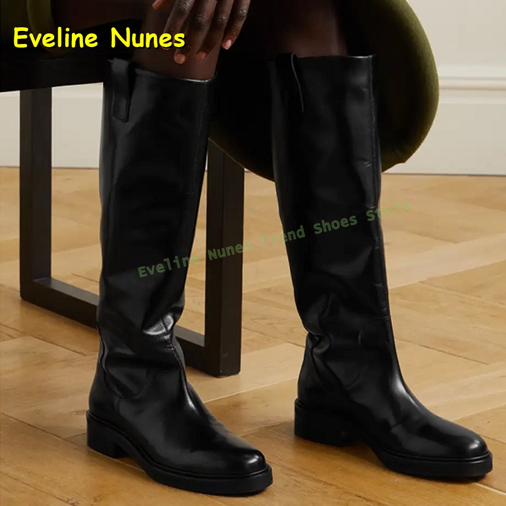Leather Work Boots - รองเท้าบูทหนังสีดำทรงสูงถึงเข่าสำหรับผู้หญิง หัวมน ส้นหนา เหมาะสำหรับใส่ทำงานในออฟฟิศและสวมใส่ลำลองในชีวิตประจำวันช่วงฤดูร้อน