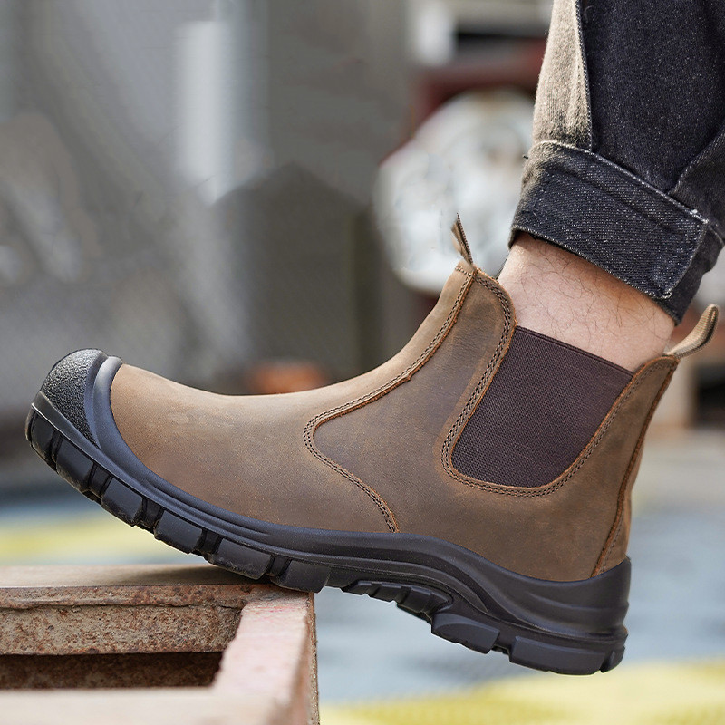 Leather Work Boots - ผู้ชายขนาดใหญ่แฟชั่น Steel Toe ครอบคลุมรองเท้าทํางานหนังวัวความปลอดภัยรองเท้าสีดําสีน้ําตาล WORKER เชลซี