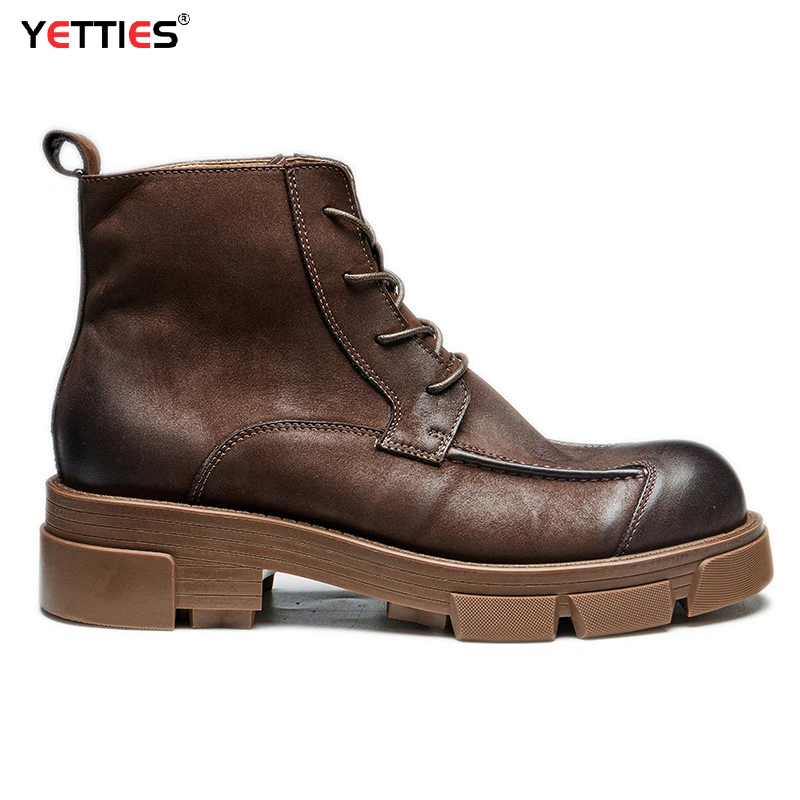 Leather Work Boots - รองเท้าบูทผู้ชายสไตล์อังกฤษ หนังแท้ พื้นหนา เพิ่มความสูง หนังนุ่ม รองเท้าบูทขี่มอเตอร์ไซค์