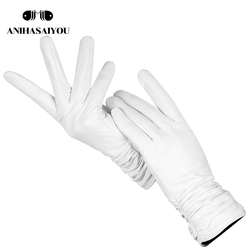 Leather Work Winter Gloves - แฟชั่น คอมฟอร์ท ไวท์ กลอว์ส ถุงมือหนังแกะคุณภาพสูง ถุงมือกันหนาวและอุ่นสำหรับผู้หญิง