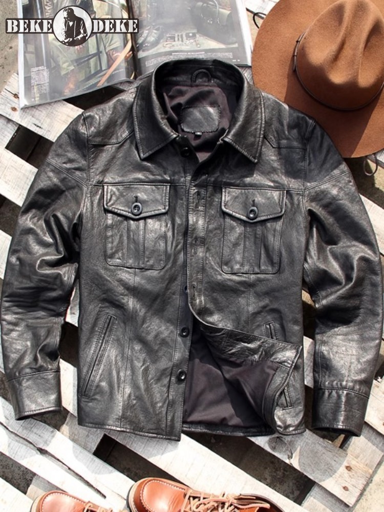 Leather Work Jacket Mens - แจ็คเก็ตหนังแท้สไตล์พังก์สำหรับผู้ชาย แนววินเทจ กระดุมแถวเดียว ทรงเข้ารูป เสื้อคลุมมอเตอร์ไซค์สำหรับฤดูใบไม้ผลิ แขนยาว