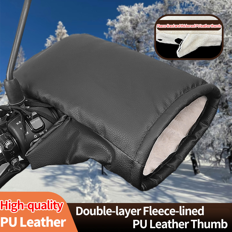 Leather Work Winter Gloves - ถุงมือมอเตอร์ไซค์ไฟฟ้าสำหรับฤดูหนาว 2 ชิ้น - ปลอกหุ้มแฮนด์หนาและอุ่น, กันฝนและกันลม