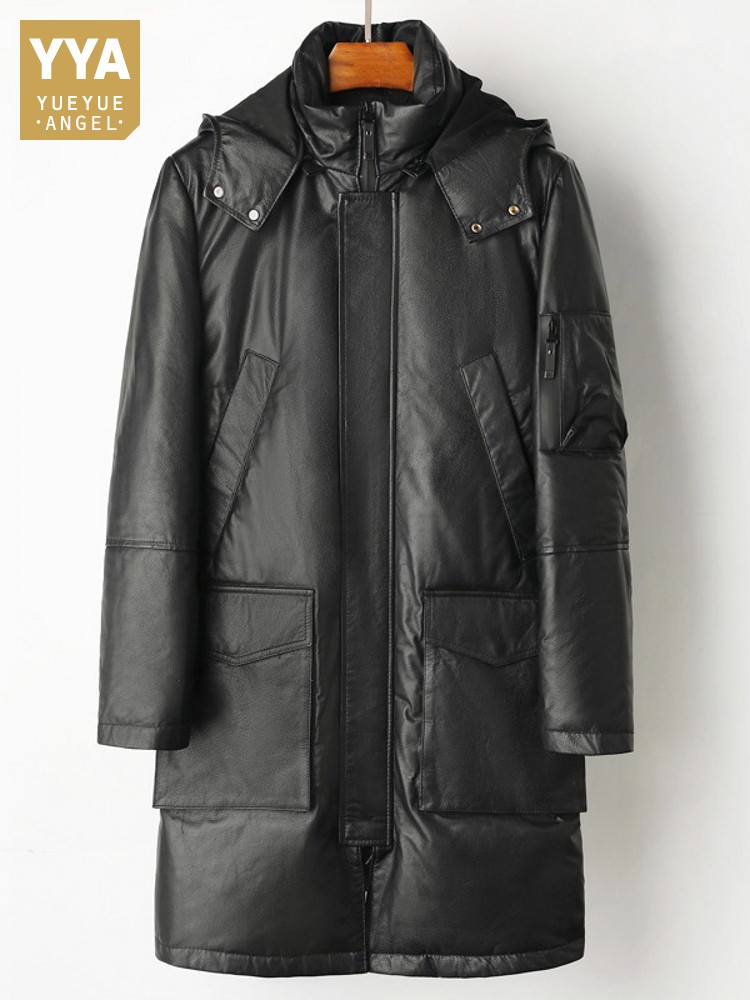 Leather Work Jacket Mens - เสื้อโค้ทหนังวัวแท้บุขนเป็ดสำหรับผู้ชายฤดูหนาว มีฮู้ด สไตล์ลำลองสำหรับทำงาน แบบยาว กันลม ไซส์ใหญ่พิเศษ