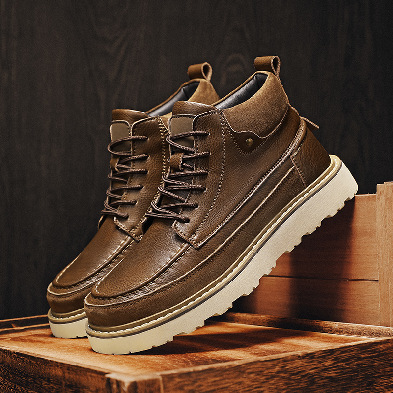 Leather Work Boots - รองเท้าบูทข้อสูงบุขนแกะสีน้ำตาลสำหรับผู้ชาย รองเท้าทำงานแบบผูกเชือก พื้นหนา สไตล์เรโทร สำหรับฤดูหนาว เดินเล่นกลางแจ้ง