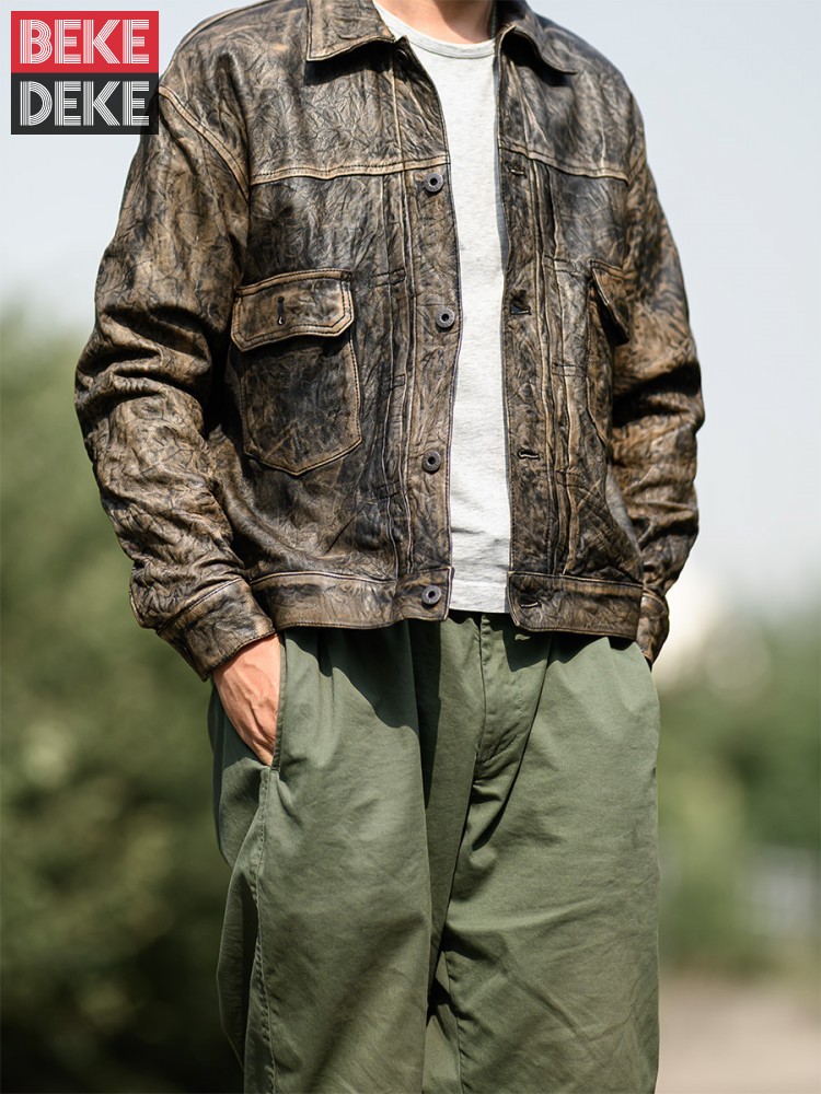 Vintage ย่นหนังแกะจริงเสื้อแจ็ - Leather Work Jacket Mens บทวิจารณ์และราคา
