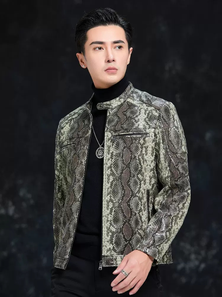 เสื้อแจ็คเก็ตหนังแกะแท้ลายงูสำ - Leather Work Jacket Mens บทวิจารณ์และราคา