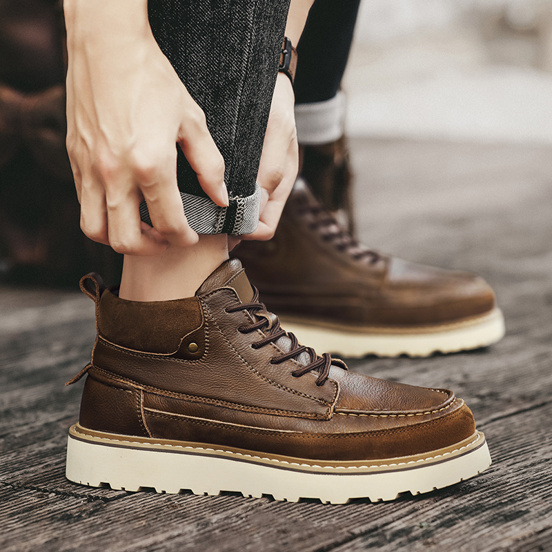 รองเท้าบูทข้อสูงบุขนแกะสีน้ำตา - Leather Work Boots บทวิจารณ์และราคา